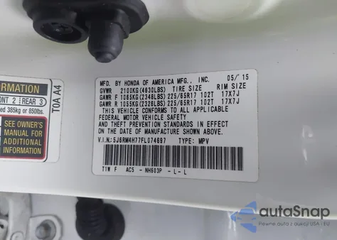 2015 Honda Cr-V Ex-L из США, поврежденный, VIN 5J6RM4H77FL074697